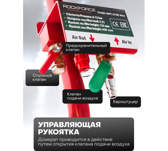 Домкрат подкатной пневматический Rockforce 3.5 т, 6-12 Бар, h min 135мм, h max 450мм, 3 подушки, Ø270мм RF-YHQD-3WT-270B NEW/3,5/(51126)