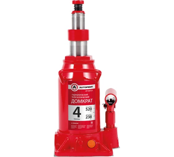 Домкрат бутылочный AUTOPROFI гидравлический, телескопичееский, 4 тонны, защита от перегруза, высота подъема: 238 - 520 мм. DT-04/520 1