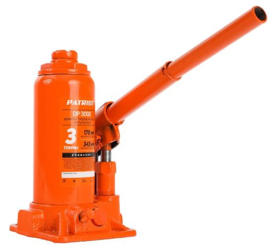 Домкрат бутылочный Patriot DB 3030, 195-380 мм, 3T, пластиковый кейс, предохранительный клапан 770000037