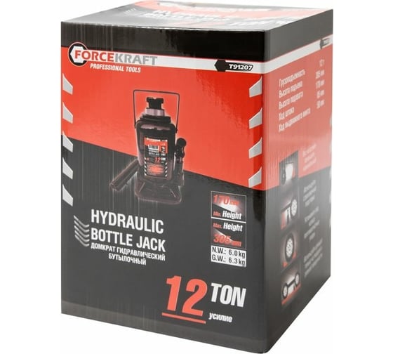 Бутылочный низкопрофильный домкрат FORCEKRAFT, 12т с клапаном 26581 FK-T91207