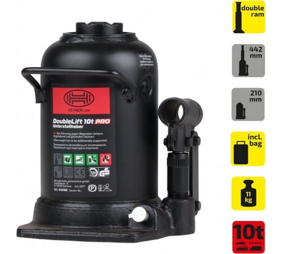 Бутылочный домкрат Heyner 2-х ступ. h 210-442 мм, низкопрофильный 10 т 346100