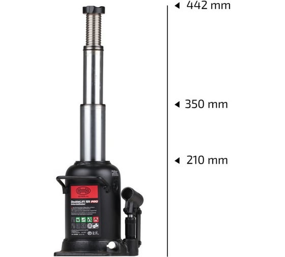 Бутылочный домкрат Heyner 2-х ступ. h 210-442 мм, низкопрофильный 10 т 346100