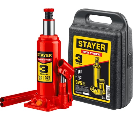 Бутылочный гидравлический домкрат STAYER Red Force 3т, 194-372 мм в кейсе 43160-3-K_z01