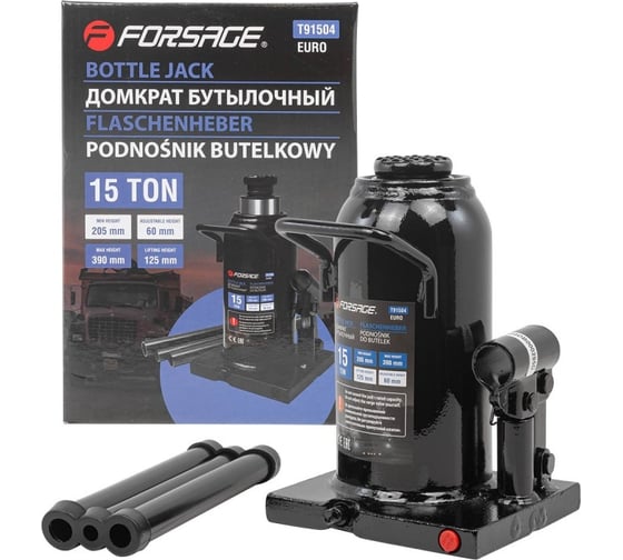 Бутылочный домкрат Forsage 15 т, с клапаном, высота подхвата 205 мм, высота подъема 390 мм F-T91504(Euro)