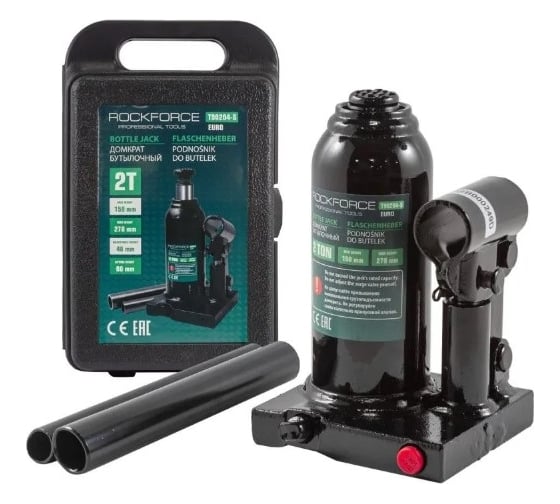 Гидравлический бутылочный домкрат ROCKFORCE с клапаном, 2 т, в кейсе RF-T90204S-EURO