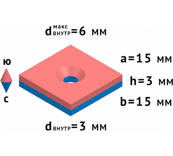 Неодимовый магнит 15х15х3 мм с зенковкой 3.5/7 мм Forceberg 9-1302010-004