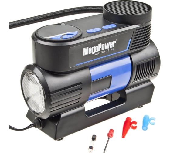 Поршневой компрессор MEGAPOWER 150PSI 20 л/мин, цифровой манометр, автоматический фиксатор давления, 12A, 12V, с LED-фонарём M-53017