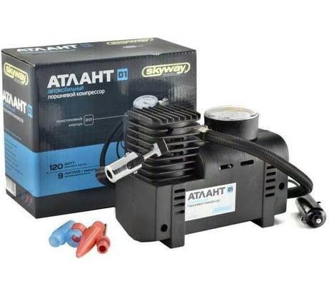 Компрессор пластиковый 9л/мин в прикуриватель 3 вида насадок 20 АТМ SKYWAY АТЛАНТ-01 S02002003