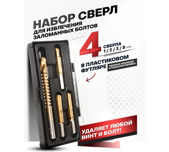 Набор сверел для извлечения заломанных болтов Rockforce HSS 4241, 4 предмета RF-63005D(29882)