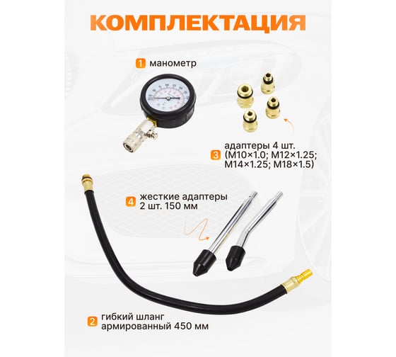 Тестер компрессии бензинового двигателя ROCKFORCE Profi RF-908G1(17002)