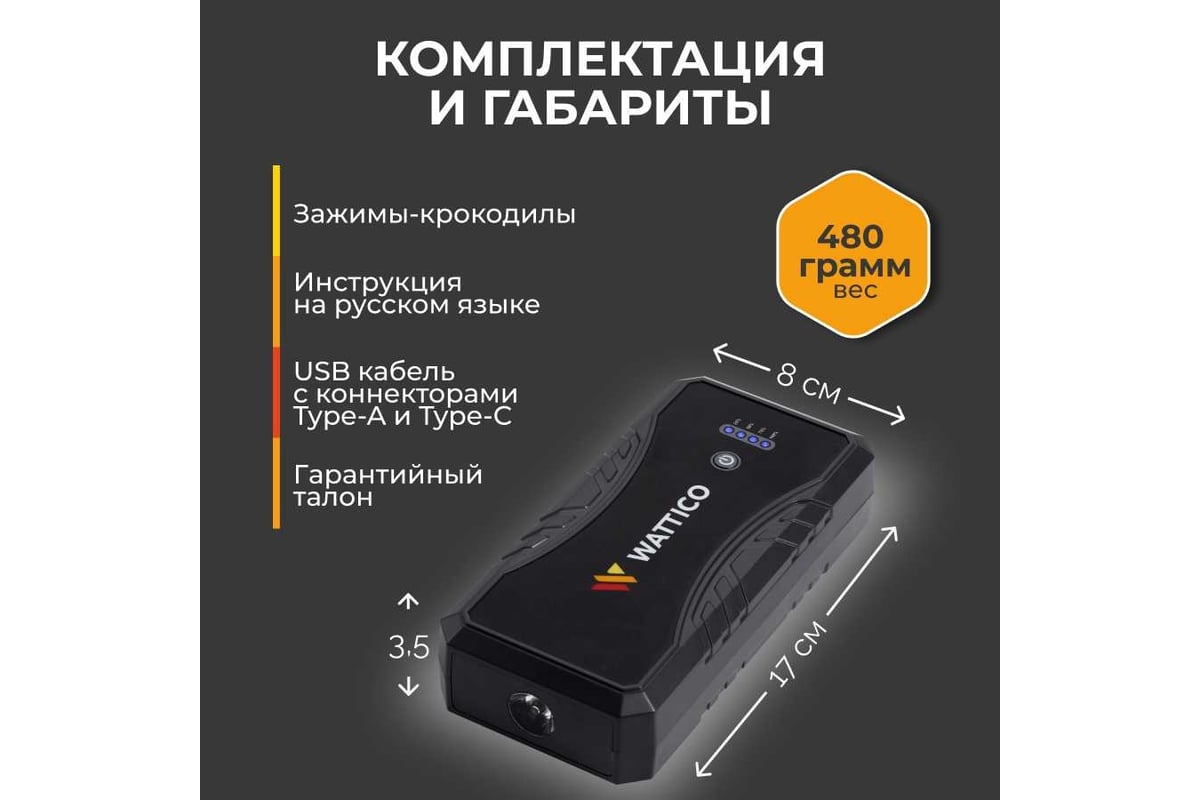 Пусковое зарядное устройство WATTICO для аккумулятора автомобиля Jump  Starter Compact 1500А 00-00000105 - выгодная цена, отзывы, характеристики,  фото - купить в Москве и РФ