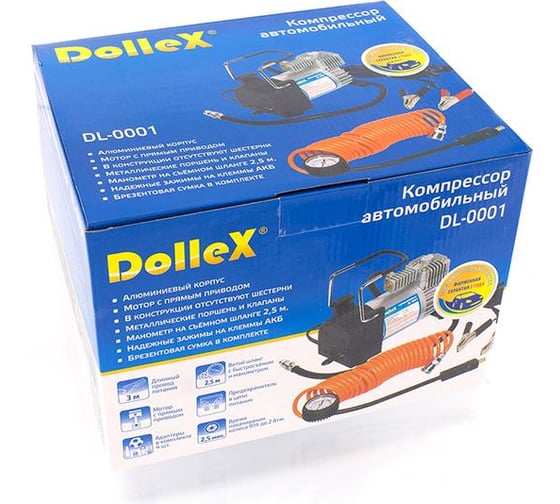 Компрессор DolleX 12V, 20 A, 10 Атм, 55 л/мин, предохранитель, шланг, на клеммы, сумка DL-0001