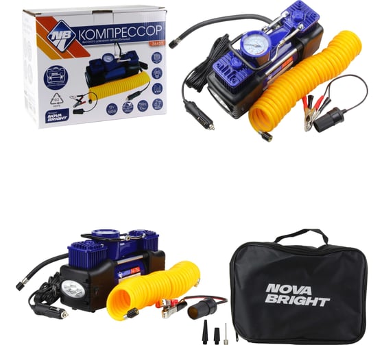 Компрессор Nova Bright АК-75L двухпоршневой, до 50 л/мин, 150 PSI, 12В, металлический корпус, в сумке, LED-фонарь 36451 1