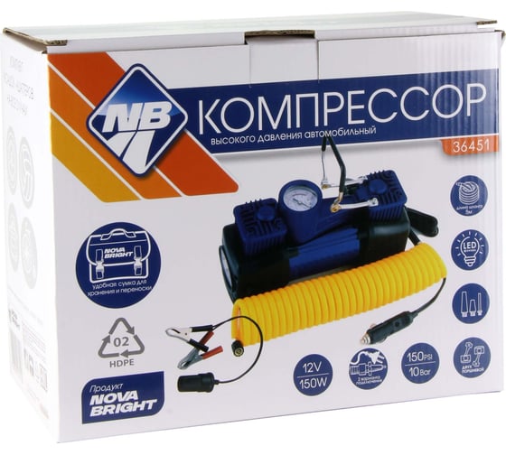 Компрессор Nova Bright АК-75L двухпоршневой, до 50 л/мин, 150 PSI, 12В, металлический корпус, в сумке, LED-фонарь 36451