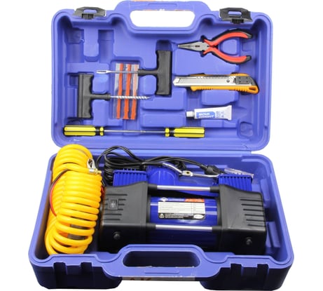 Двухпоршневой компрессор Nova Bright АК-75L до 50 л/мин, 150 PSI, 12В, металлический корпус, пластиковый кейс с инструментами, LED-фонарь 36452