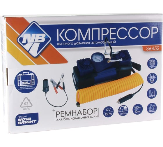 Двухпоршневой компрессор Nova Bright АК-75L до 50 л/мин, 150 PSI, 12В, металлический корпус, пластиковый кейс с инструментами, LED-фонарь 36452