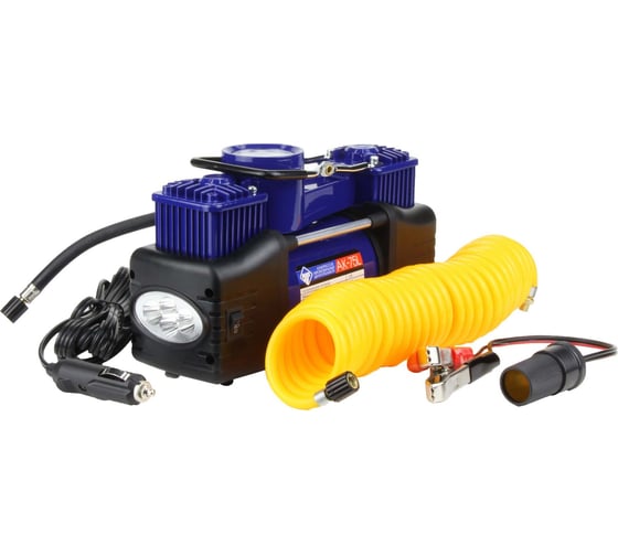 Двухпоршневой компрессор Nova Bright АК-75L до 50 л/мин, 150 PSI, 12В, металлический корпус, пластиковый кейс с инструментами, LED-фонарь 36452