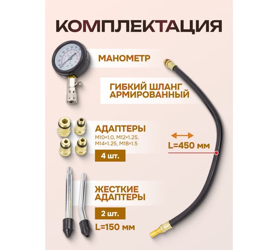 Индикатор компрессии бензинового двигателя FORSTIME Profi 8пр.(0-20 Bar, М10, М12, М14, М18 + 2 жестких прижимных адаптера-переходника), в кейсе FT-908G1(57804)
