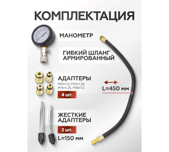 Индикатор компрессии бензинового двигателя BaumAuto Profi 8 предметов + 2 прижимных адаптера-переходника, в кейсе BM-908G1(57805)
