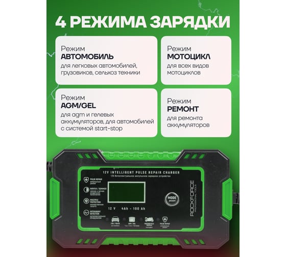 Устройство зарядное импульсное для АКБ с жидкокристаллическим дисплеем Rockforce 12В, автостоп, функция восст.-я, защита от превыш. напряжения и короткого замыкания RF-1206(57847)
