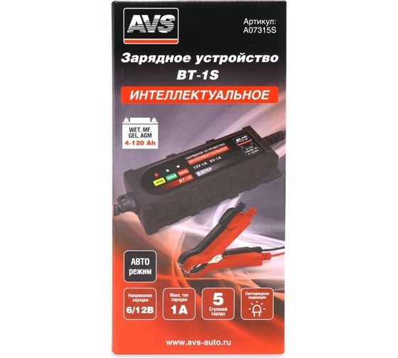 Зарядное устройство для автомобильного аккумулятора AVS BT-1S (1A, 20W) 6/12V A07315S