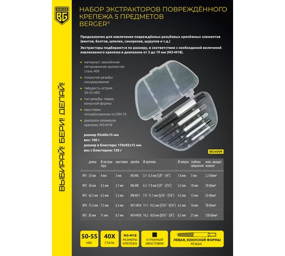 Набор экстракторов повреждённого крепежа Berger BG 5 предметов BG4009