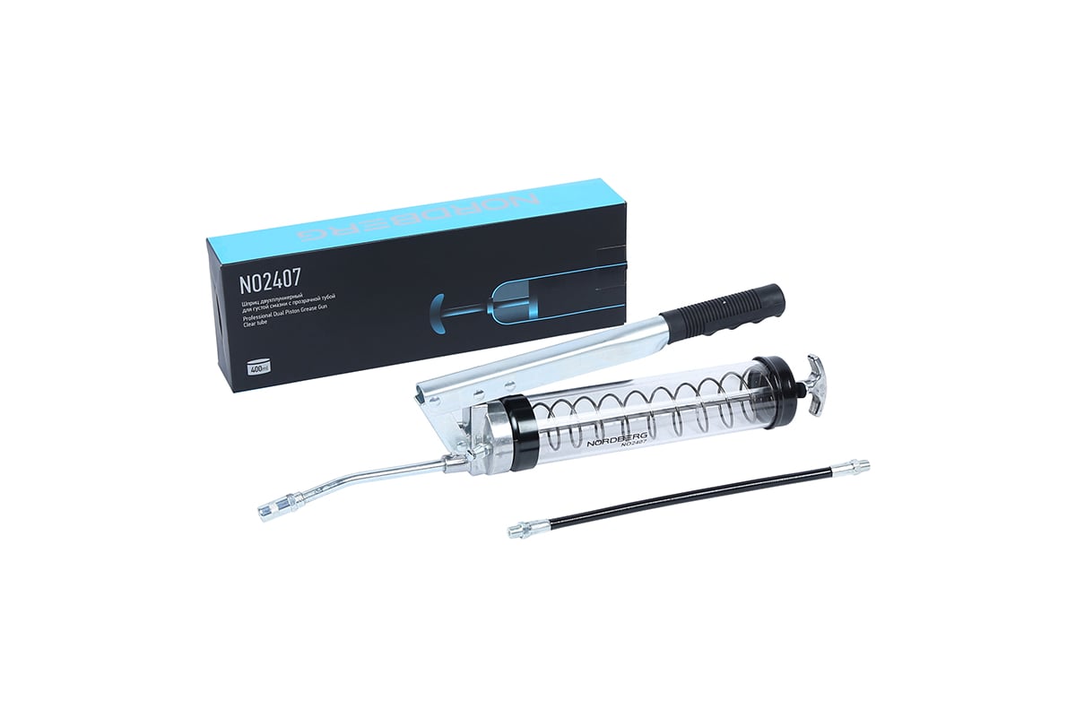 Шприц двухплунжерный для густой смазки NORDBERG с прозрачной тубой, 400 ...