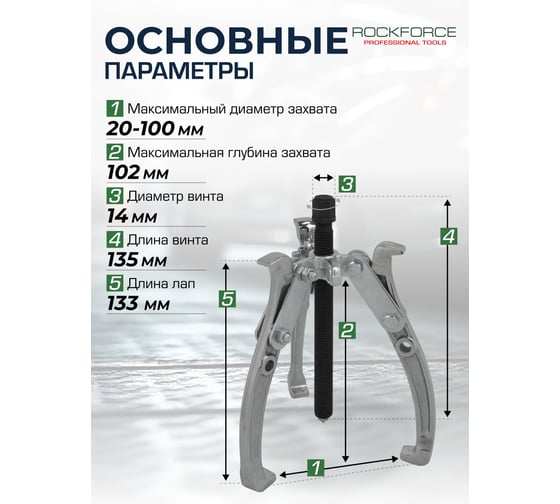 Съемник двух-трехзахватный переставной Rockforce 4" RF-6590604(17917)