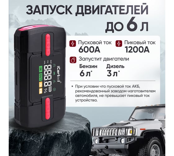 Пусковое устройство c компрессором iCarTool 12 В, 12 000 мАч, 600/1200 А IC-JSD12P
