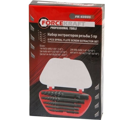 Набор экстракторов резьбы 5пр., в пластиковом футляре FORCEKRAFT 46669 FK-63005