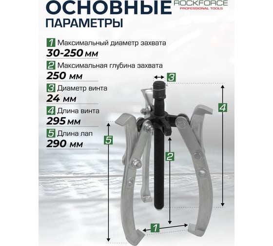 Съемник двух-трехзахватный переставной Rockforce 10" Øзахвата 30-250мм, глубина захвата 250мм, длина лап 290мм, ширина лап 21мм, лапы S-образные RF-A6590610(59910)