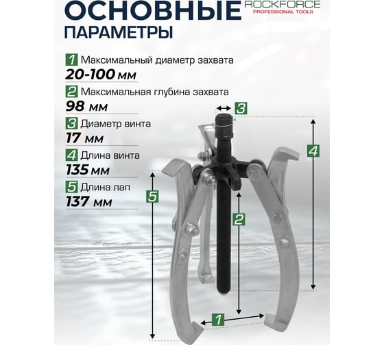 Съемник двух-трехзахватный переставной Rockforce 4" Øзахвата 20-100мм, глубина захвата 98мм, длина лап 137мм, ширина лап 13мм, лапы S-образные RF-A6590604(59907)