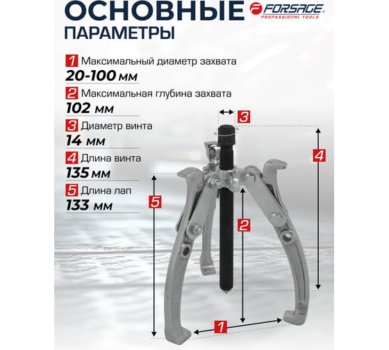 Съемник двух-трехзахватный переставной Forsage 4 (Ø захвата 20-100 мм, глубина захвата 102 мм, длина лап 133 мм, ширина лап 14 мм, лапы S-образные) F-6590604(17895)