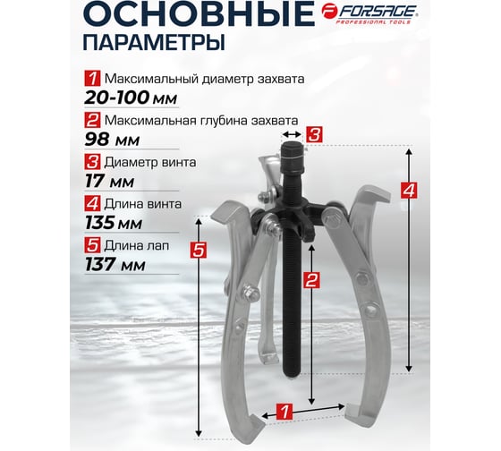 Двух-трехзахватный переставной съемник Forsage 4 (Ø захвата 20-100 мм, глубина захвата 98 мм, длина лап 137 мм, ширина лап 13 мм, лапы S-образные) F-A6590604(59897)