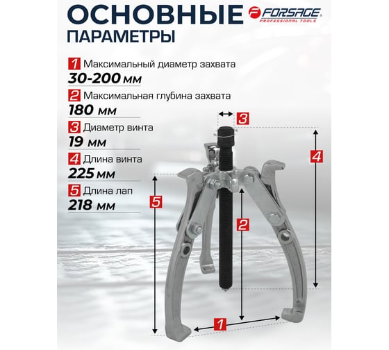 Двух-трехзахватный переставной съемник Forsage 8 (Ø захвата 30-200 мм, глубина захвата 180 мм, длина лап 218 мм, ширина лап 18 мм, лапы S-образные) F-6590608(17897)