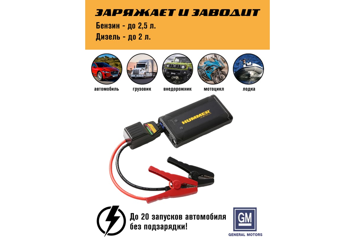 Пусковое устройство HUMMER Power Bank, LED-фонарь HMRH3T - выгодная цена,  отзывы, характеристики, 1 видео, фото - купить в Москве и РФ