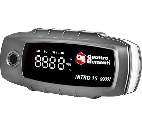Пусковое устройство QUATTRO ELEMENTI Nitro 15 (12В, 15000 мАч, 1200 А, Type-C, USB-A, дисплей, фонарь 919-258
