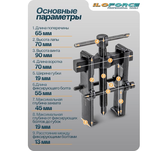 Съемник подшипников iLOFORCE двухзахватный с фиксацией (диапазон захвата 8-40мм) IF-666B035(58251)