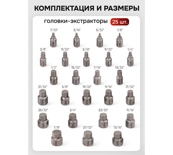 Головки-экстракторы для извлечения поврежденных болтов/гаек YATAFORCE набор 25 предметов YF-630025B(65787)
