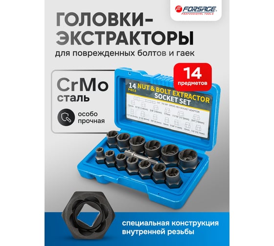Головки-экстракторы для поврежденных болтов/гаек Forsage набор 14 предметов F-1321S(65729)