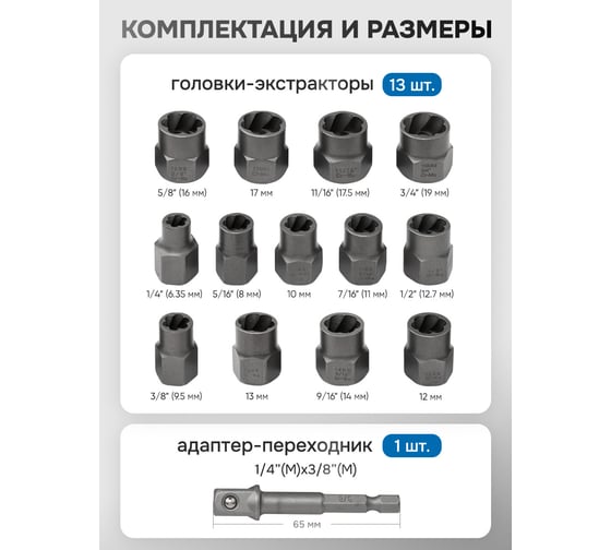 Головки-экстракторы для поврежденных болтов/гаек Forsage набор 14 предметов F-1321S(65729)