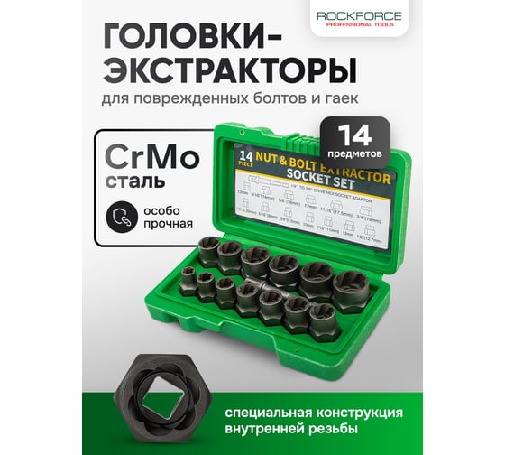 Головки-экстракторы для поврежденных болтов/гаек Rockforce набор 14 предметов RF-1321S(65736)