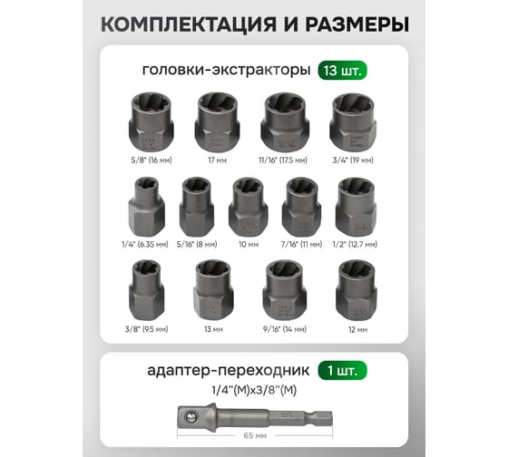 Головки-экстракторы для поврежденных болтов/гаек Rockforce набор 14 предметов RF-1321S(65736)