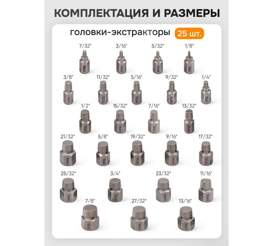 Головки-экстракторы для извлечения поврежденных болтов/гаек FORSTIME набор 25 предметов FT-630025B(65768)