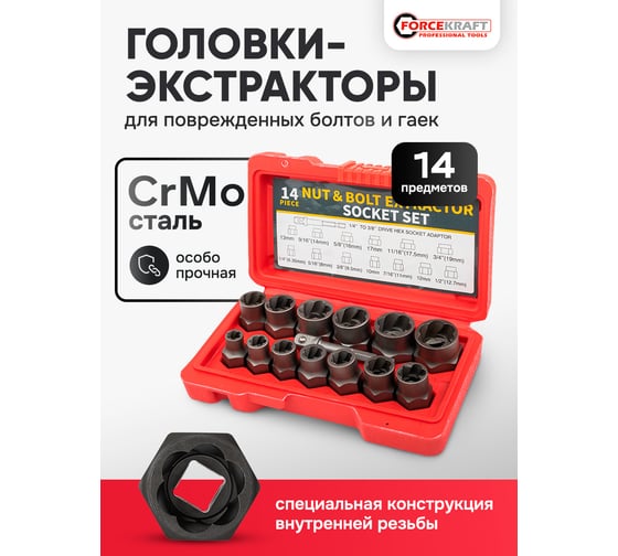 Головки-экстракторы для поврежденных болтов/гаек Forcekraft набор 14 предметов FK-1321S(65726)