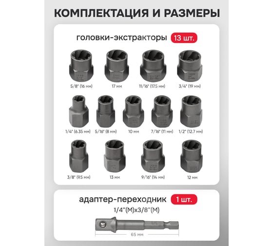 Головки-экстракторы для поврежденных болтов/гаек Forcekraft набор 14 предметов FK-1321S(65726)