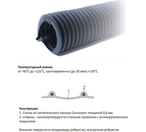 Воздуховод резиновый, химически стойкий EPDM E-600-75/10 (10 м; 75 мм) TEX УФ-00033159