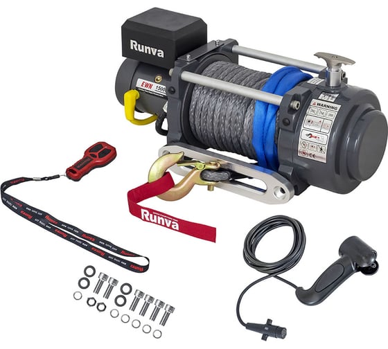 Электрическая лебёдка RUNVA индустриальная 12V 15000 lbs 6800 кг синтетический трос EWN15000USR