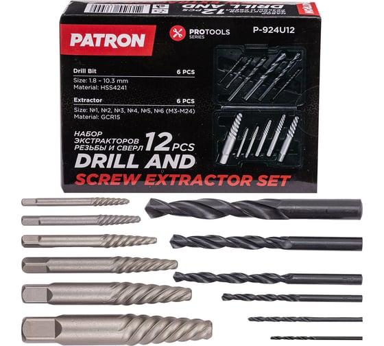 Набор экстракторов резьбы и сверл Patron 12 предметов P-924U12(63452)