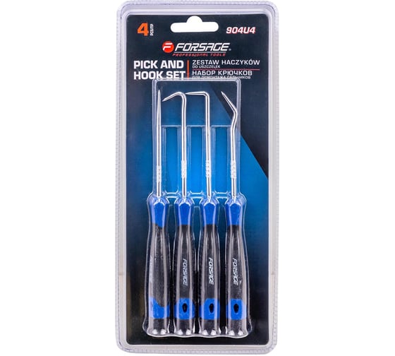 Набор крючков для демонтажа сальников Forsage с прорезиненными рукоятками, 4 предмета, в блистере F-904U4(18142)